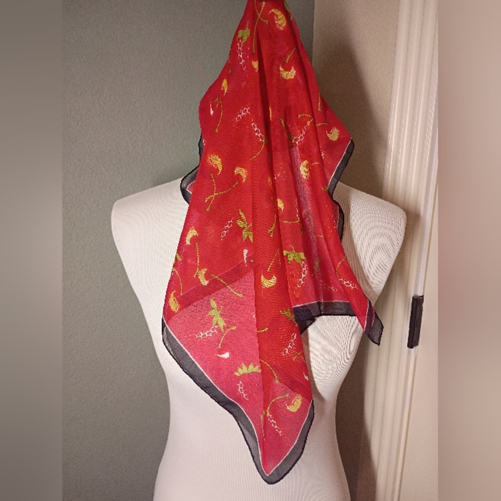 Elegant Scarf W/ Fruit: Cherries, Strawberries - Square Exc Condition